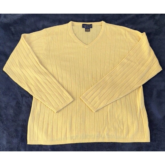 Mens Charter Club 2-Ply Cashmere Pale Yellow V Neck Ribbed LS Sweater Size L - Picture 1 of 7
